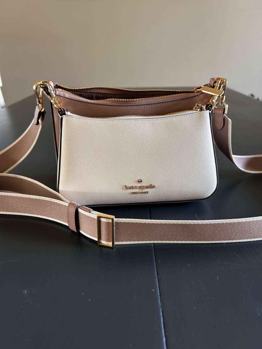 kate spade Duet Beige and White Leather Crossbody with Gold Hardware- KH759
